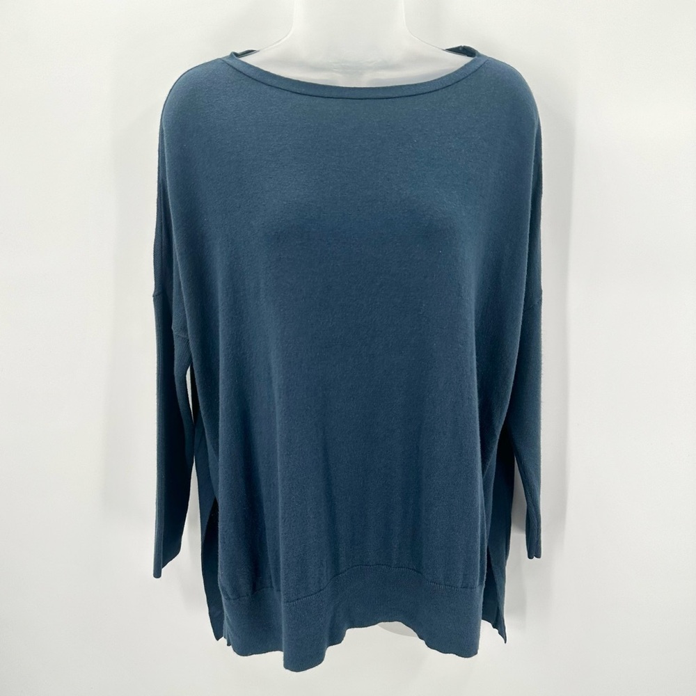 LOU & GREY Sweater XS Women Blue Split Hem Knit Cotton Wool Blend Drop Shoulder